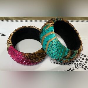 Turquoise and Fuchsia Leopard-Print Crystal Bangle Set - Women Jewelry